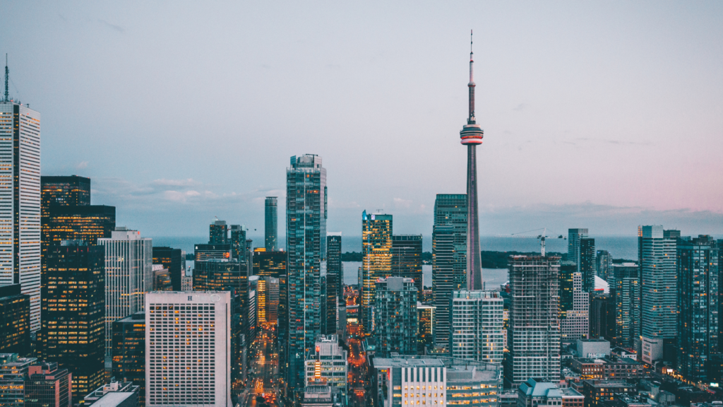 A landscape view of Toronto skyline in the evening