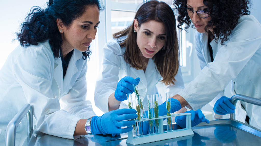 Three scientists working with test tubes.